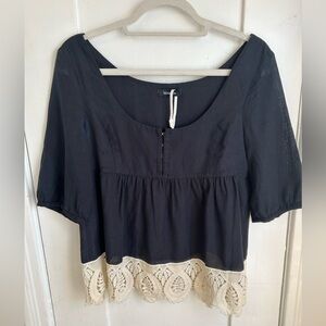 Max & Co Peasant Top in Navy with Cream Lace Trim (s)